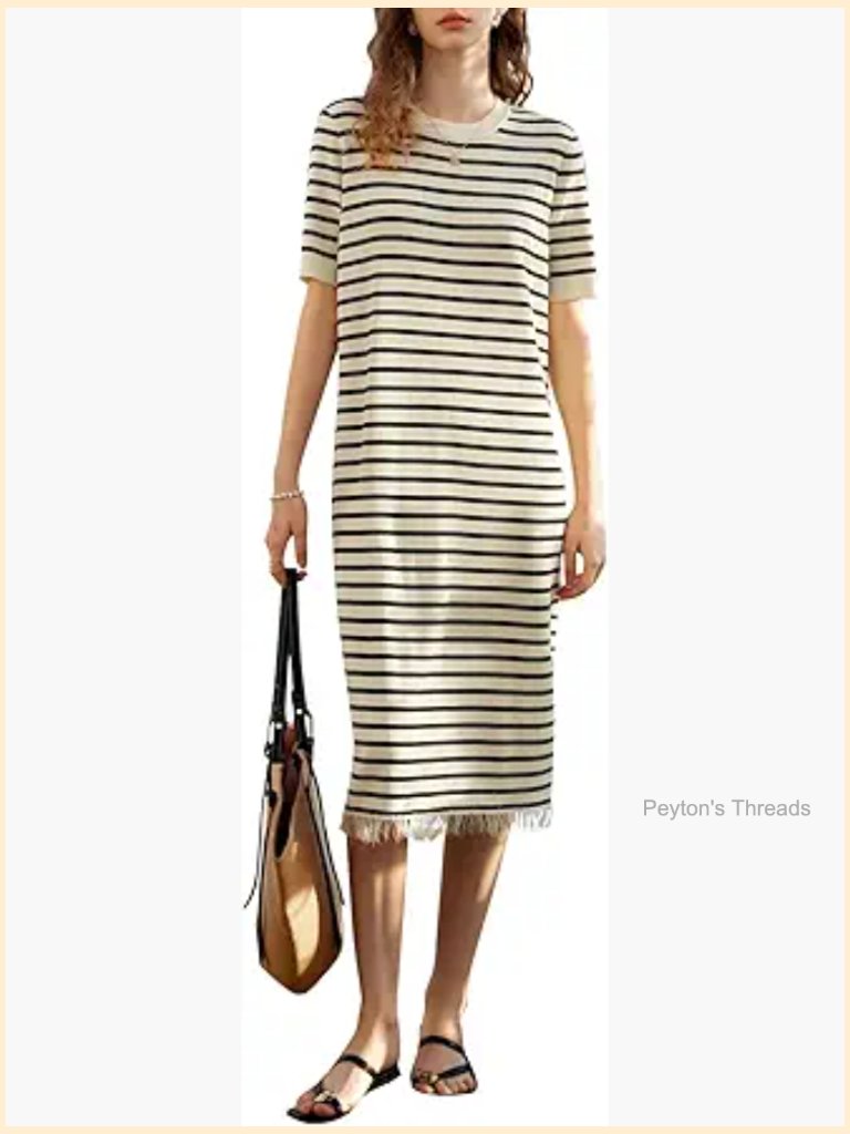 Black And White Striped Knitted T-Shirt Midi Dress With Tassel Hem